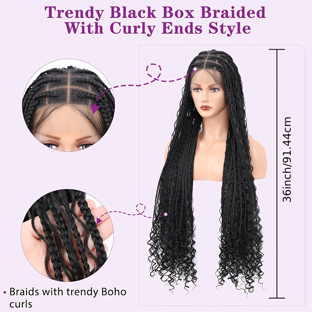 36" Unisex-Adult Full Double Lace Front Braided Wig, Boho Knotless Style, Blended Box Braids with Curly Ends, High Temperature Fiber, Elegant Natural Black Lace Wig