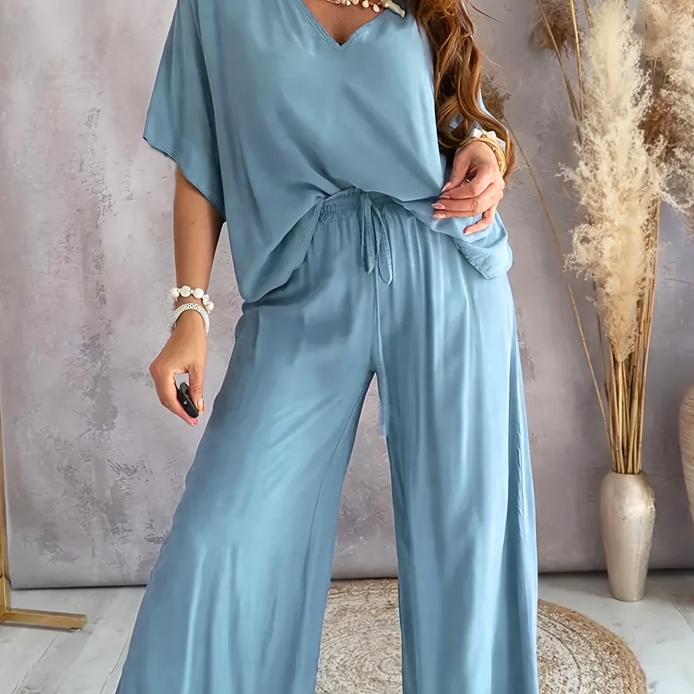 Women's Casual Solid Color Pants Set – Half Sleeve V-Neck Top & Wide Leg Pants, Lightweight Knit Outfit for Spring & Summer