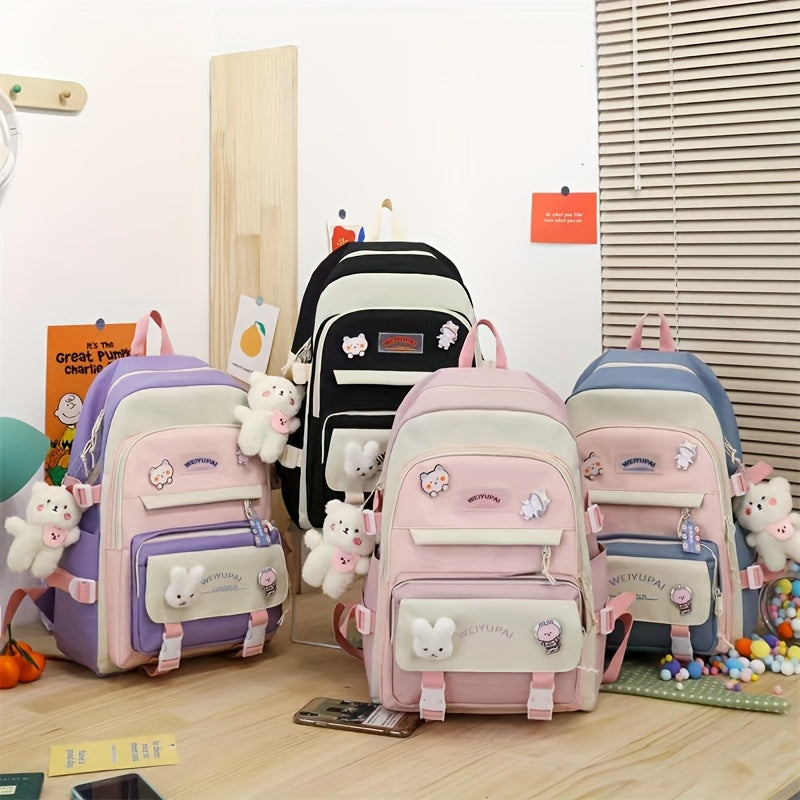 5pcs High School Junior High School Student Mori Department Backpack Girl Color Contrast Cute Large Capacity Backpack Anti-school Season Schoolbag