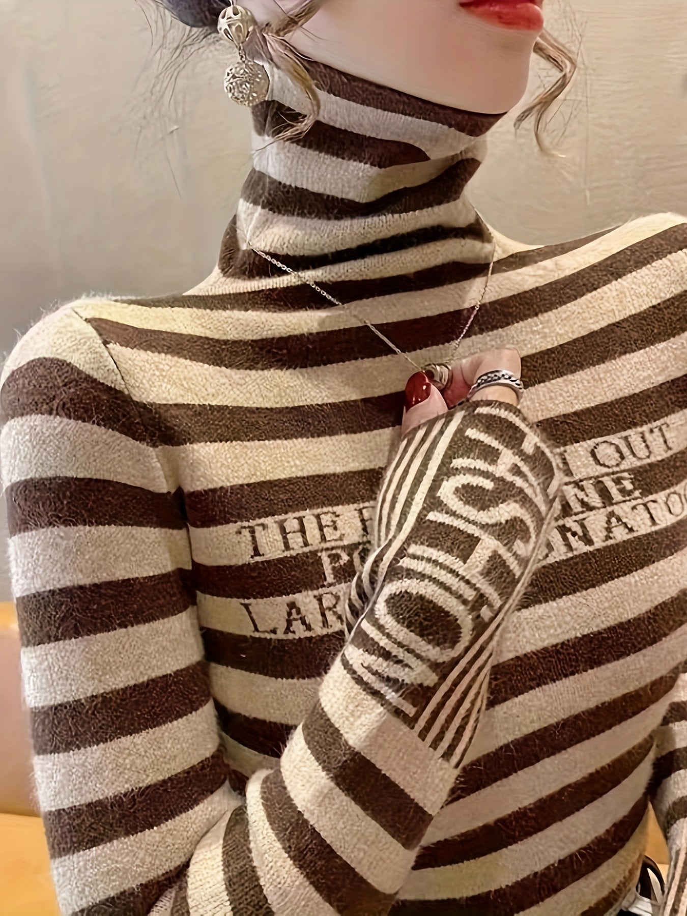 Striped Pattern Turtle Neck Sweater - Casual Long Sleeve Slim Fit Pullover Sweater for Fall & Winter - Women's Clothing - Soft & Cozy Fabric - Perfect Gift for Women