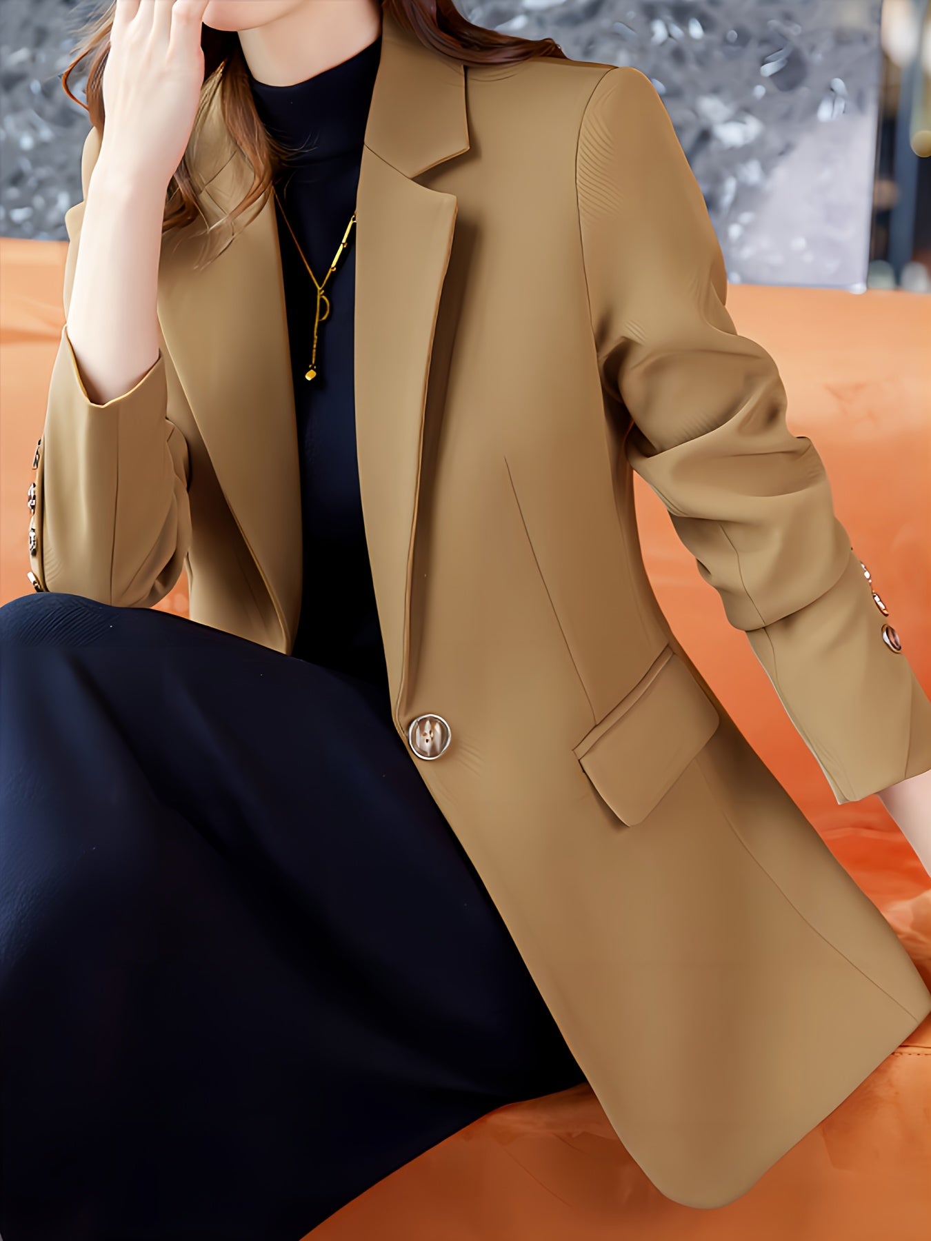 Elegant Long Sleeve Notched Collar Button Front Blazer for Office & Work, Women's Clothing