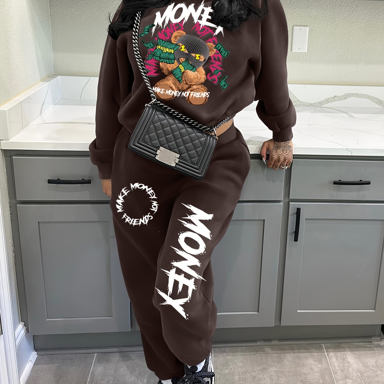 Women'S Casual Polyester Tracksuit, Crew Neck Knit Fabric Alphabet Pattern Loungewear, with Sweatshirt and Pants Set