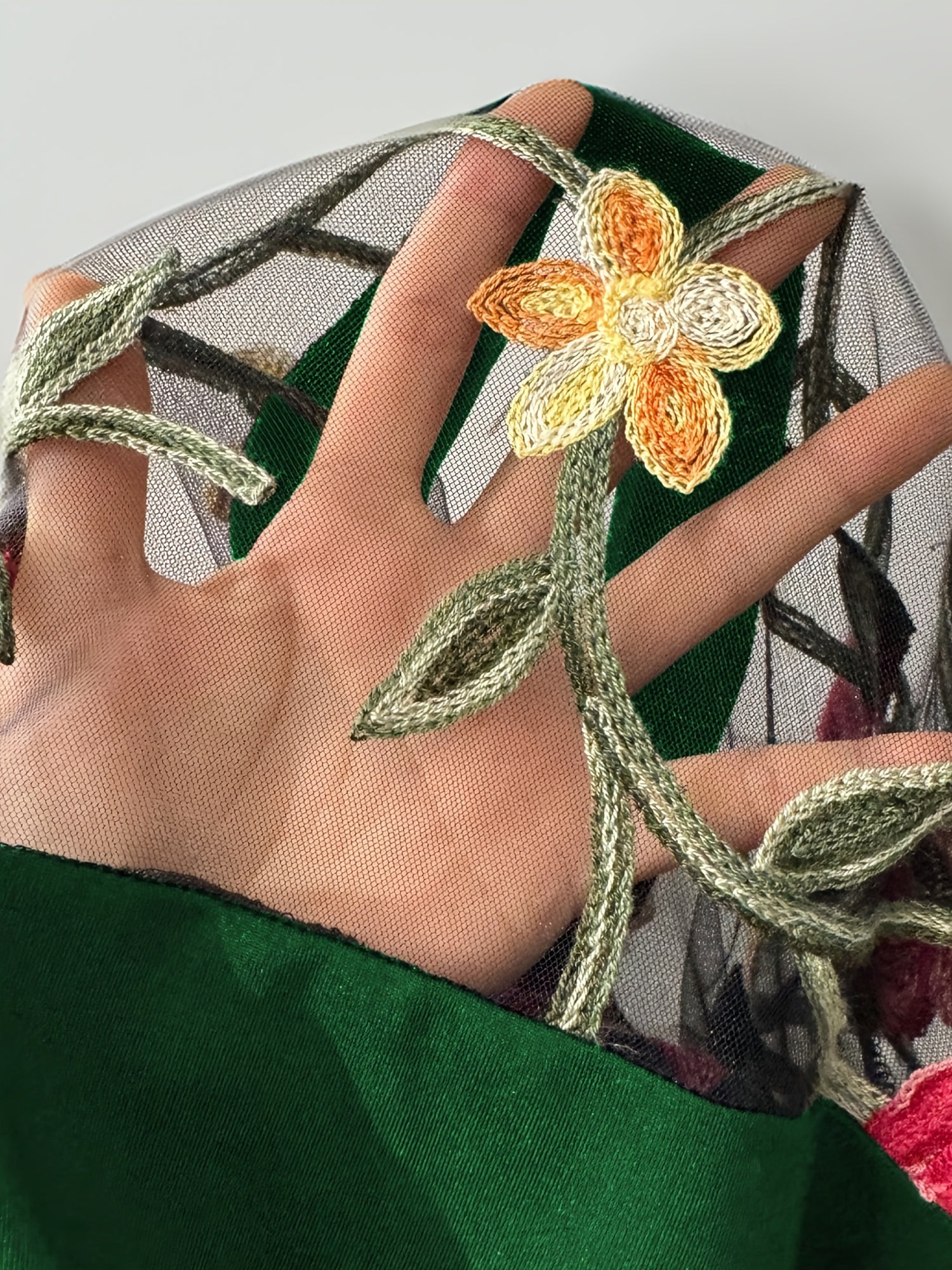 Women'S Green Floral Mesh Sheer Bodysuit, Long Sleeve Embroidered See-Through One-Piece, Elegant Sexy Outfit For Date Night Or Photoshoot