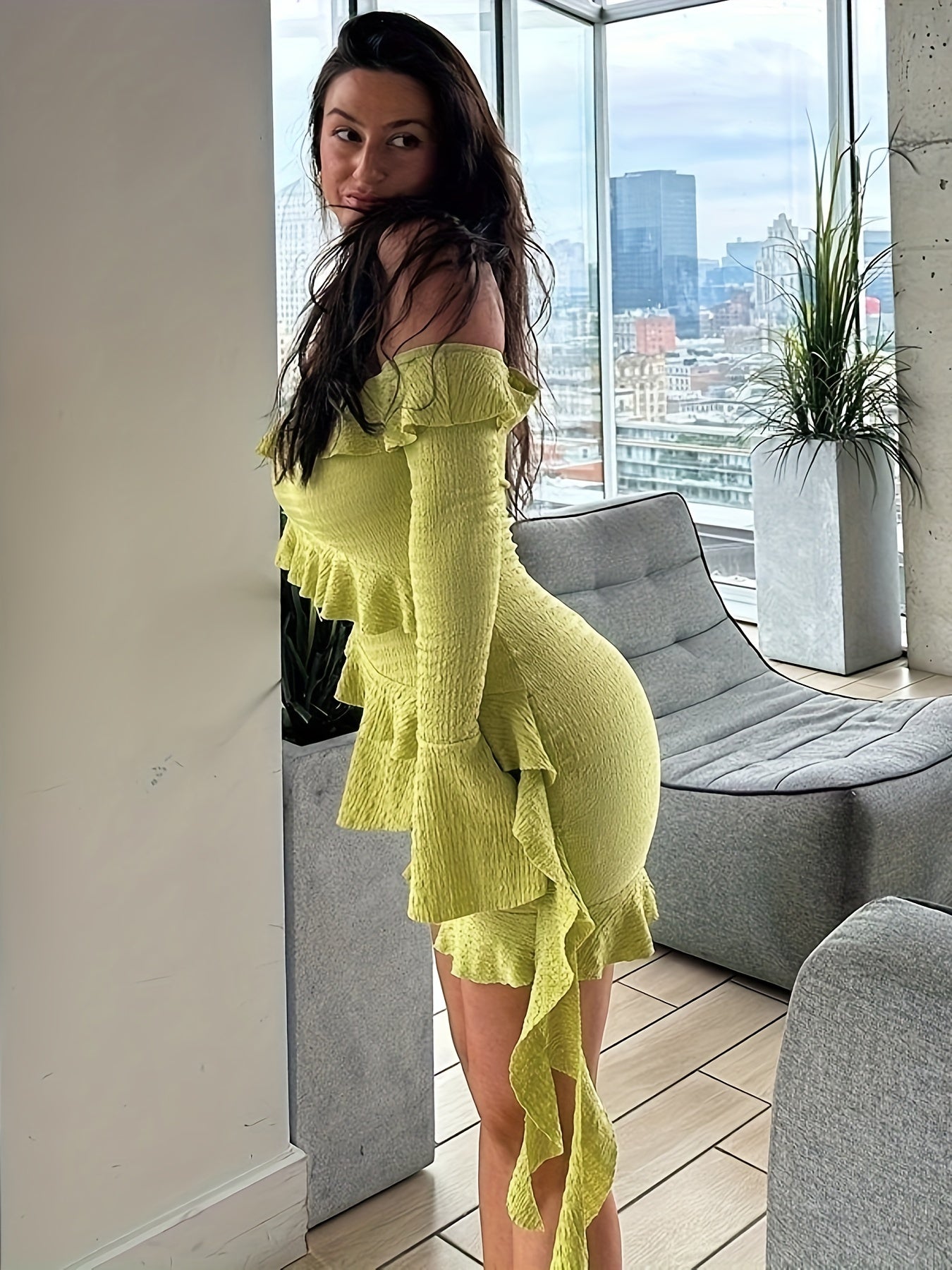 [Off Shoulder Ruffle Hem Dress] Ruffle Hem Off Shoulder Dress, Sexy Long Sleeve Bodycon Dress For Spring & Fall, Women's Clothing
