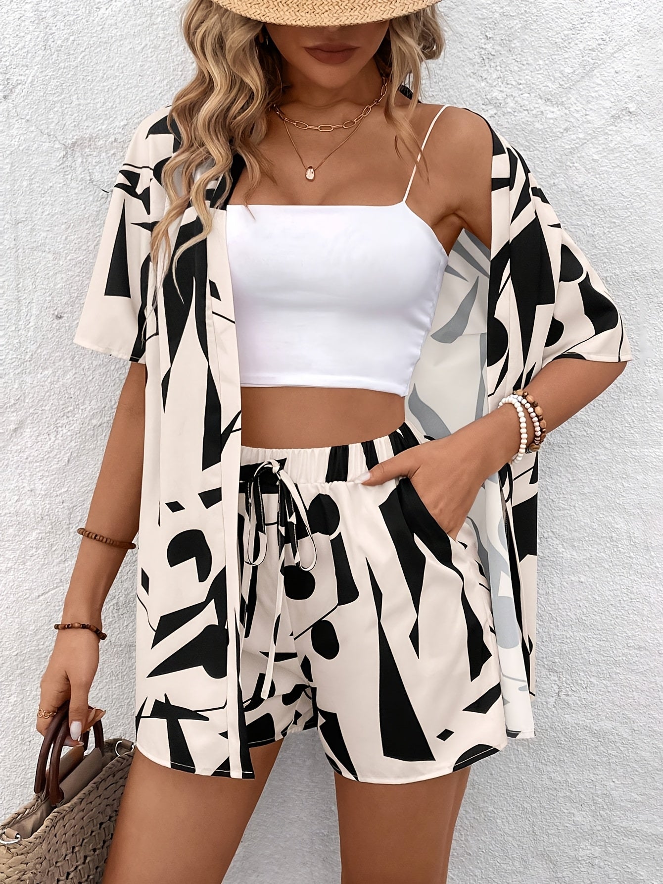 Holidaya Women'S Printed Open Front Shirt And Shorts Set