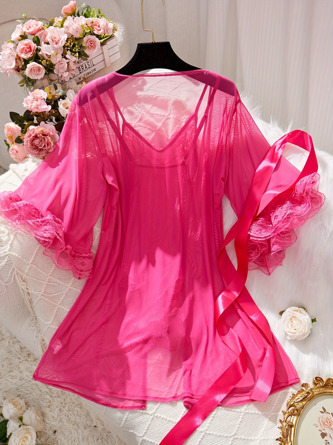 Solid Contrast Lace Lingerie Set, V Neck Bodysuit & Robe, Women's Sexy Lingerie & Underwear