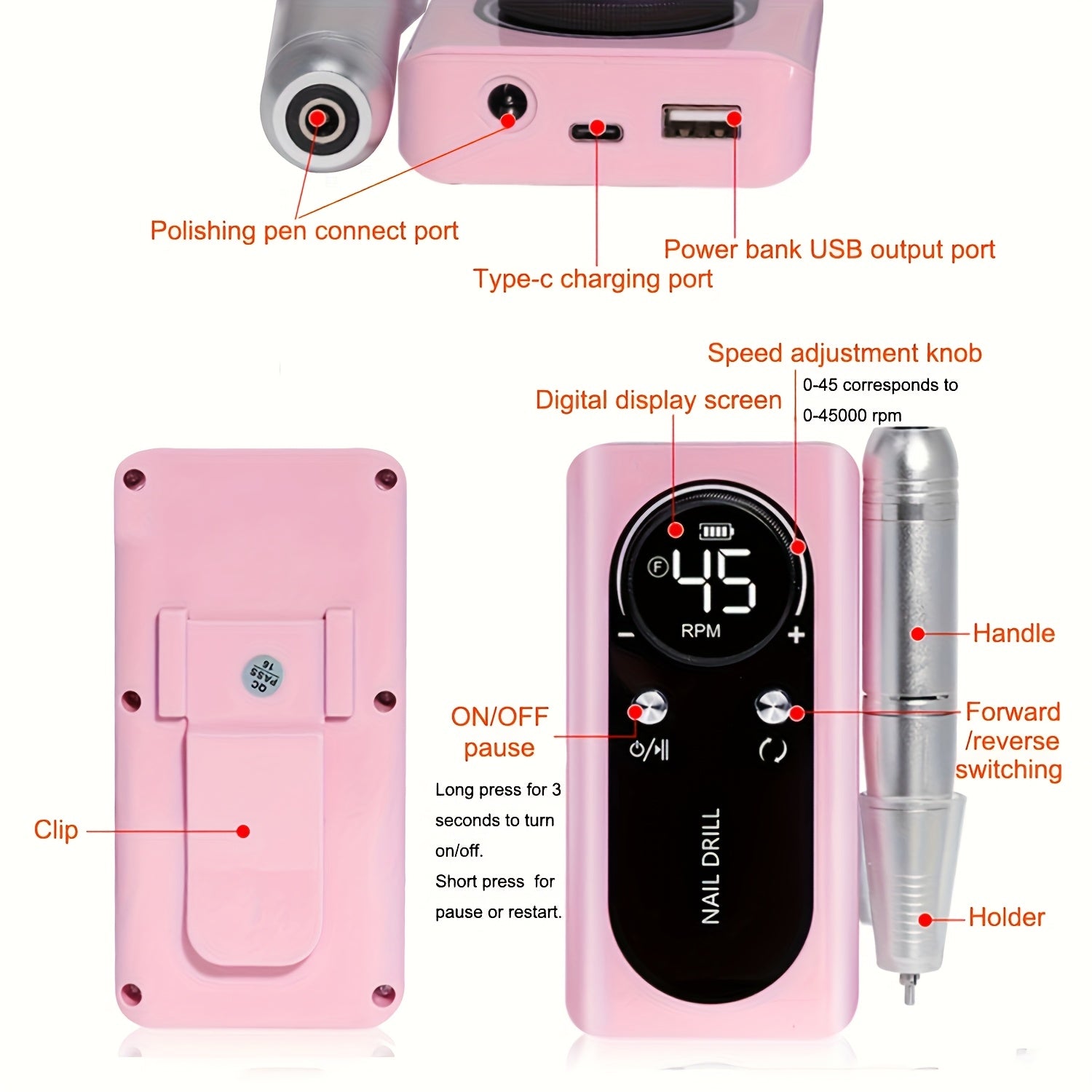 45000RPM Rechargeable Nail Drill Electric Nail File Machine, Perfect For Home And Salon Use, Professional Nail Drill For Acrylic Gel Nails, Manicure Pedicure Polishing, Pink, Unicorn Purple