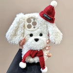 [1pc 3D Dog Plush Phone Case] Autumn And Winter Three-Dimensional Scarf Knitted Hat Dog Plush Phone Case Suitable for Iphone 16 Pro Max