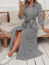 Elegant Long Sleeve Striped Shirt Dress with Waist Tie - Casual Commute Fashion for Women, All-Season Comfort, Three-Quarter Sleeve, Button-Up, Casual Attire | Stylish Casualwear | Polo Collar Dress