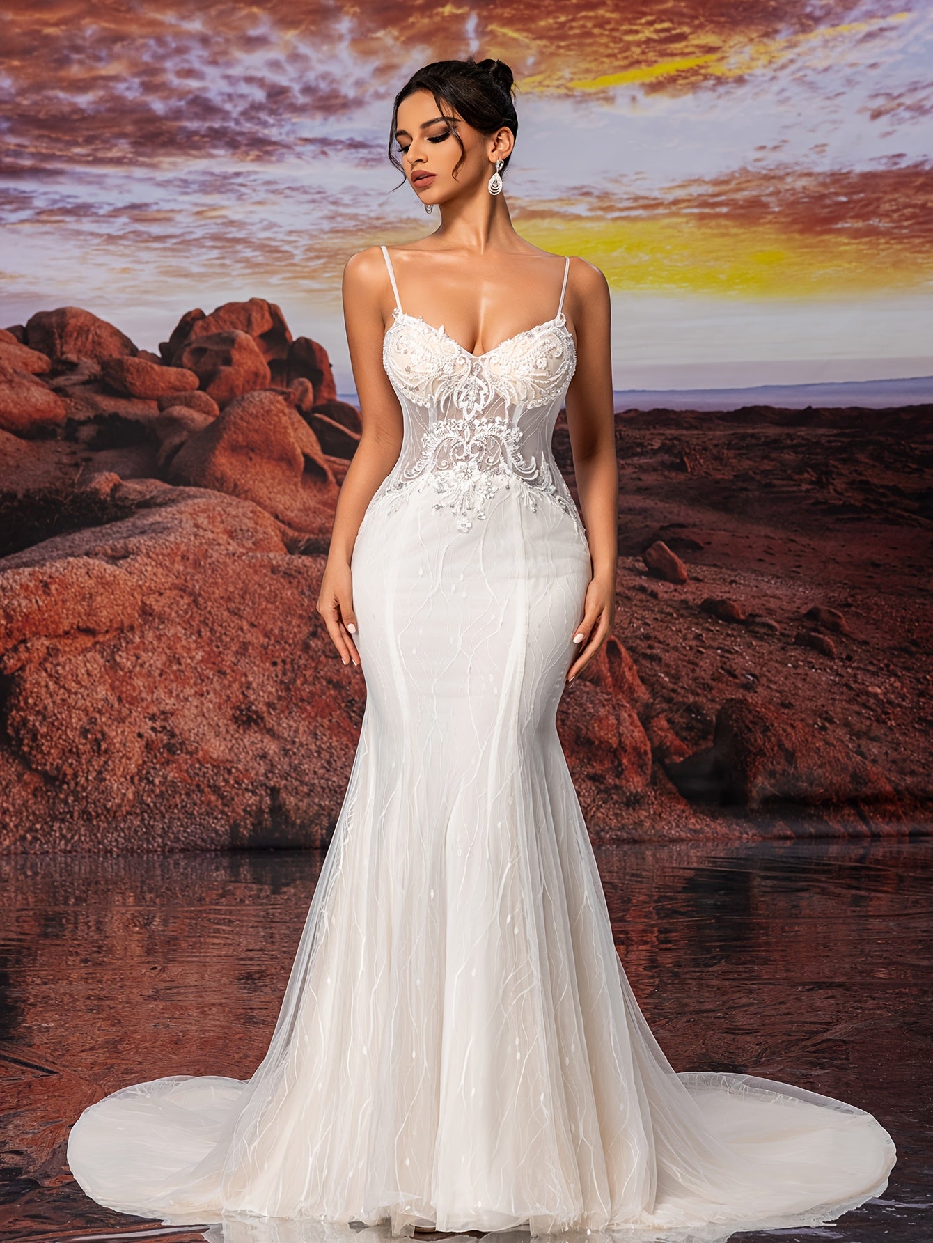 Slip Dress Fishtail Sexy Lace Fabric Soft Comfortable Sequins Wedding Dress
