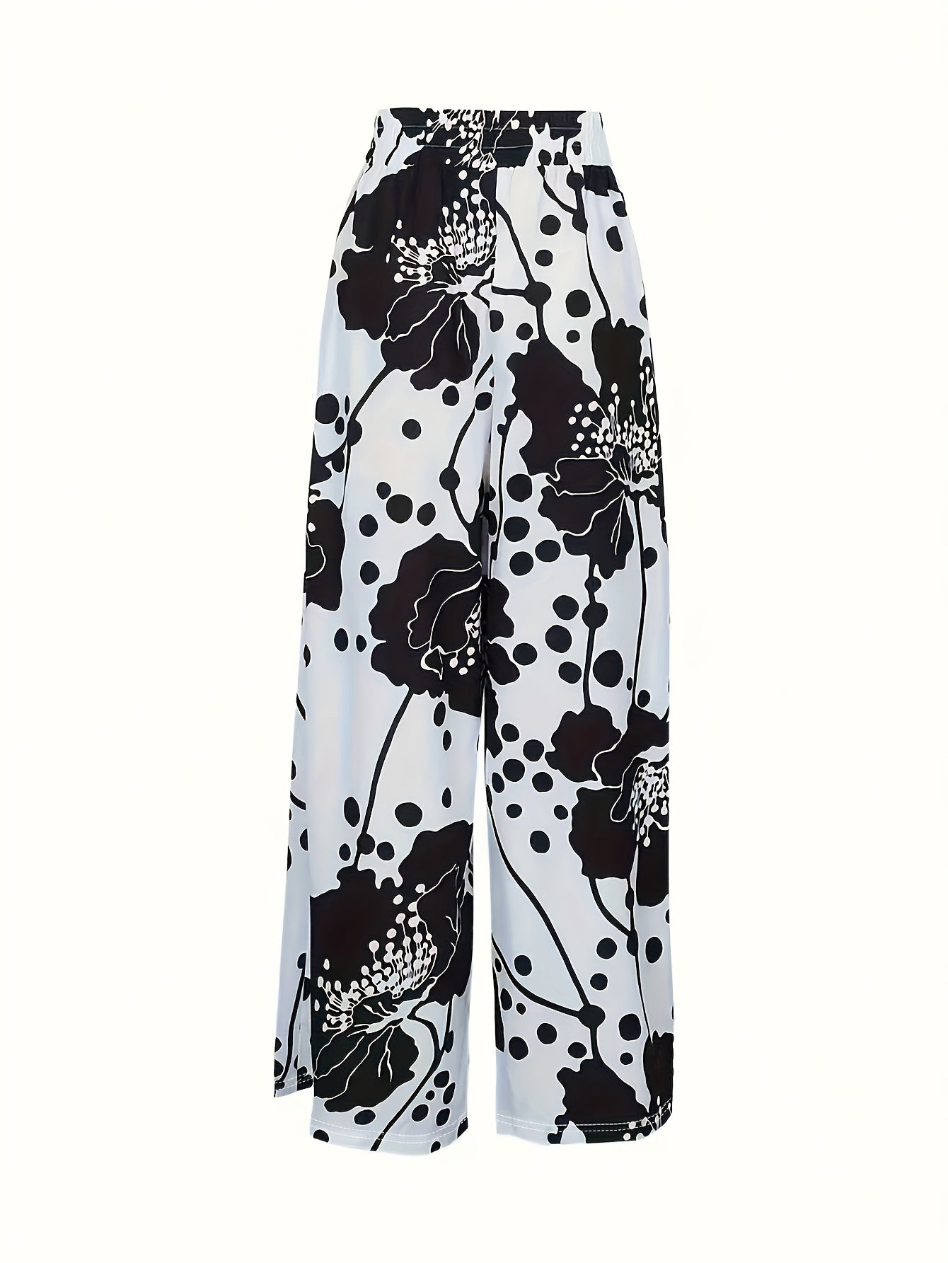 Women's Elegant Floral Print Wide-Leg Pants - High Waist, Black & White Flower Design, Soft Polyester Blend, Machine Washable, Perfect for Spring & Fall