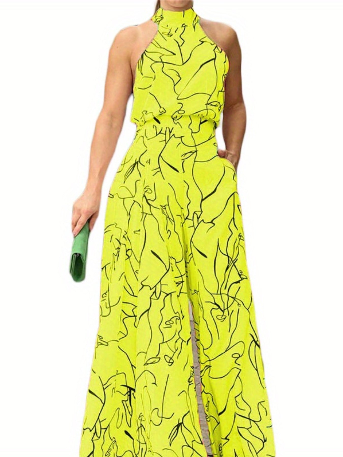 Women's Elegant Sleeveless Halter Neck Wide Leg Romper Jumpsuit with Pockets - Striped Print 100% Polyester Machine Washable All-Season Casual to Formal Wear