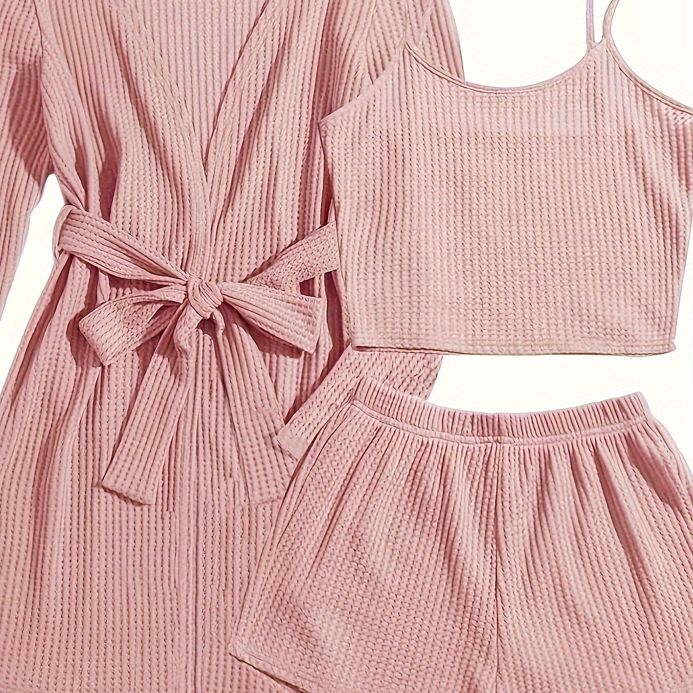 Women's Casual Solid Waffle Lounge Set, Long Sleeve Robe With Belt & Round Neck Backless Crop Cami Top & Shorts, Comfortable Relaxed Fit, Summer Home Wear