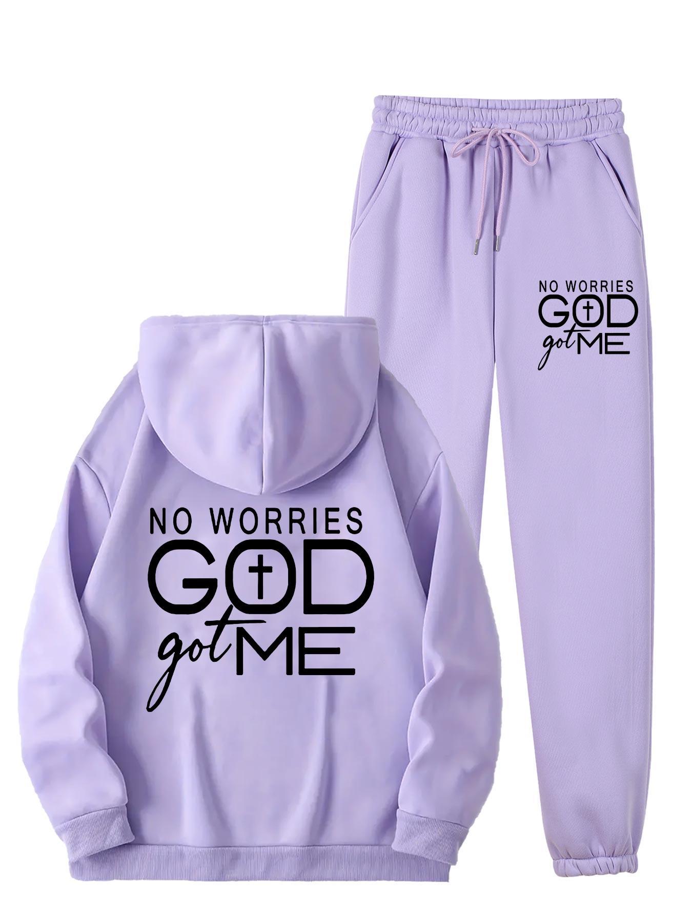 No Worries GOD Got Me Printed Women's Casual Sports Set, Sports Kangaroo Pocket Hoodie Set, Women's 2pcs Warm Set