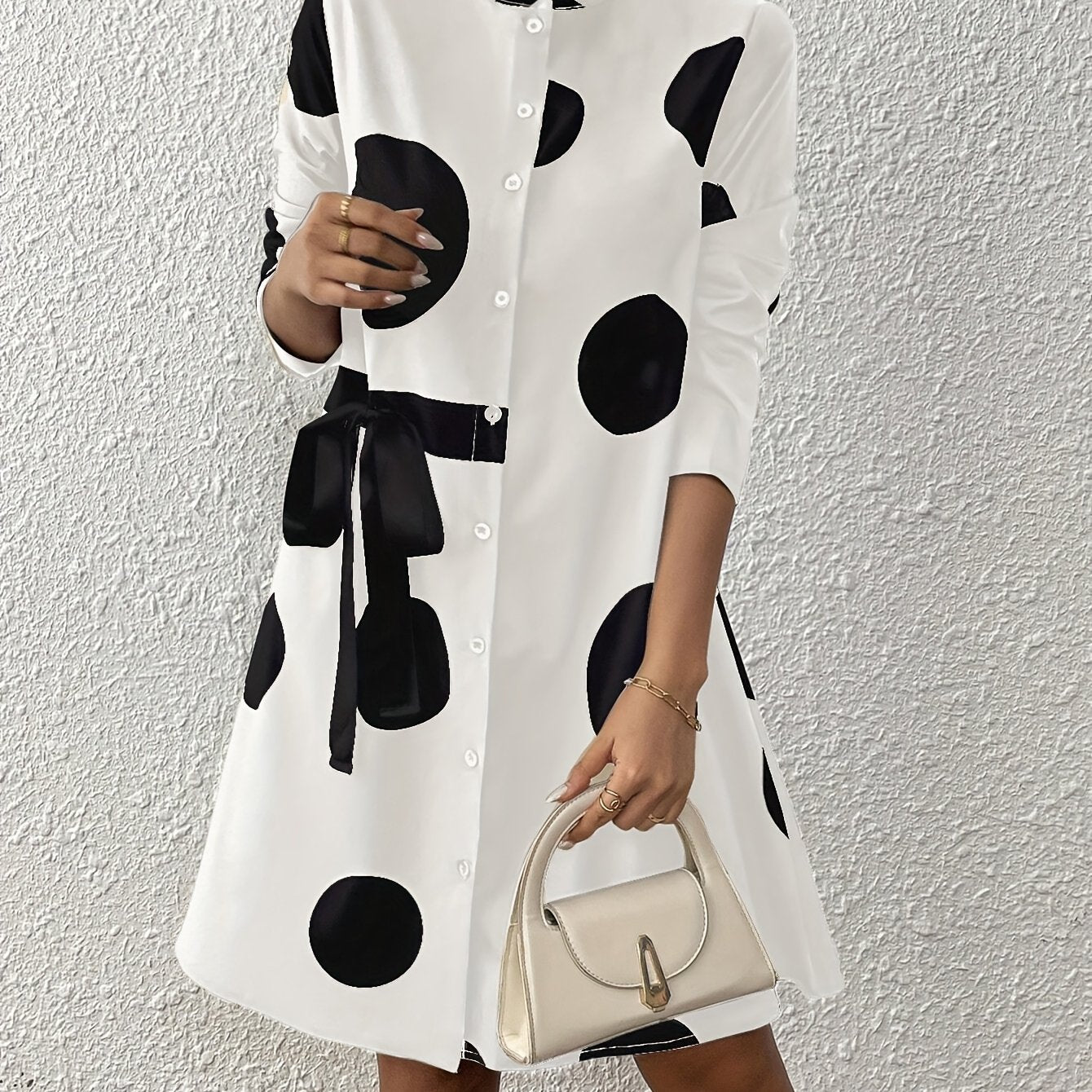 Women's Casual Polka Dot Long Sleeve Knee-Length Dress with Stand Collar and Bow Detail, 100% Polyester Woven Fabric, All-Season Loose Fit A-Line Dress with Flared Hem, Long Sleeve Dress
