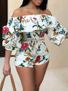 Floral Print Off Shoulder Romper Jumpsuit, Elegant Backless Tie Waist Ruffle Trim Skinny Romper Jumpsuit, Women's Clothing