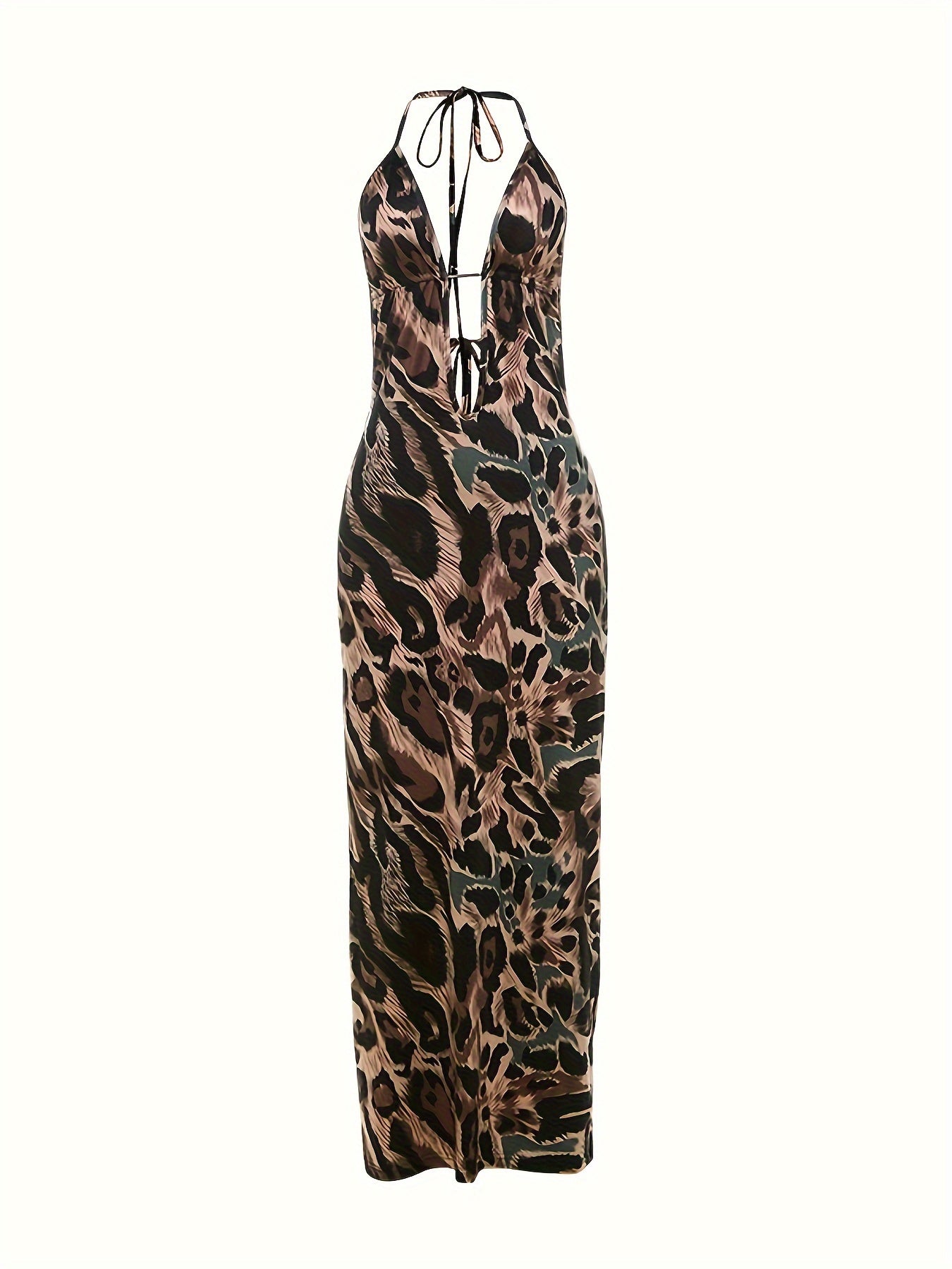 Women's Summer Halter Neck Leopard Print Long Dress with Hollow Detail - Polyester Blend Sheath Bodycon Maxi with Sleeveless Design for Evening Party