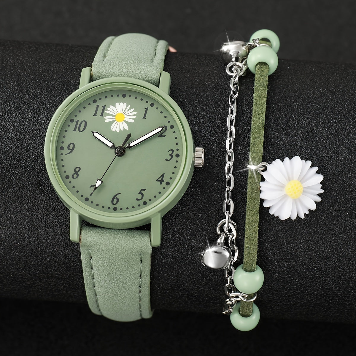Women's Fashion Fresh Green Digital Flower Dial Quartz Watch + Bracelet 2pcs/set Without Watch Box