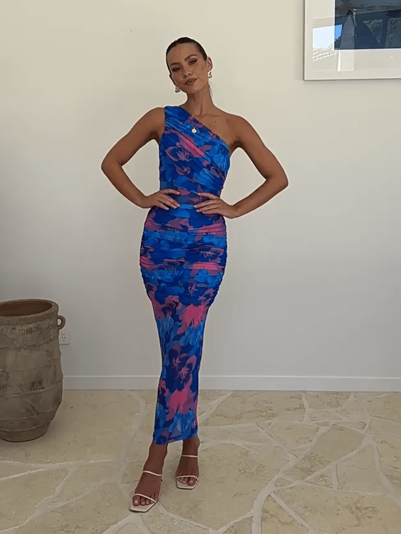 Women's Elegant Halter Neck Backless Mermaid Dress - Long Sleeveless Party Gown with Slash Details, Vibrant Blue & Pink Color Clash Print, Machine Washable for Weddings, Proms & Evening Dinners, Cocktail Party Gown | Backless