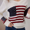American Flag Print V Neck Sweater, Casual Long Sleeve Sweater For Spring & Fall, Women's Clothing