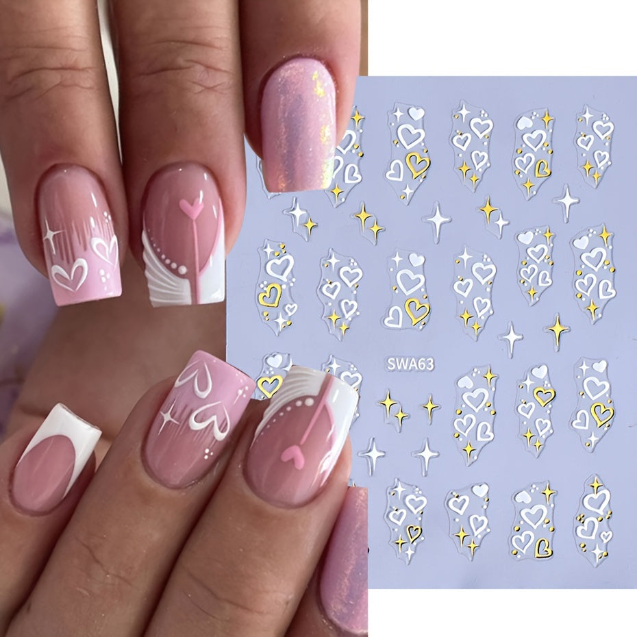 8pcs Rectangle Self-adhesive Glossy Plastic Nail Stickers, Pink Black White, Heart Pattern, Valentine Design, Golden Geometry Wave Lines Stripe Stars, Fantasy Theme, with Glitter, for Manicure Decoration