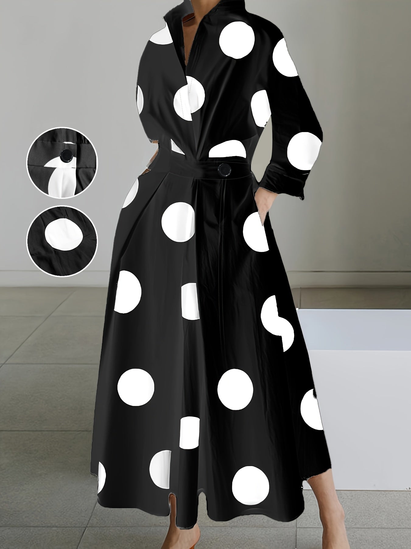 Women'S Elegant Long-Sleeve V-Neck Polka Dot Dress - White with Black Dots, Pencil Fit, Perfect for Spring/Summer/Fall, Casual Attire|Pencil Fit Dress|Vneckline Dress
