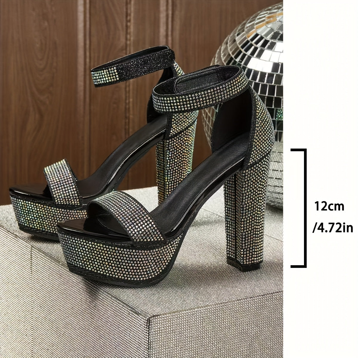 Women's Rhinestone-Embellished Geometric Mary Jane High Heel Sandals - Thick Platform Chunky Heel, Open-Toe Summer Party Shoes with Hook-and-Loop Closure, PU Synthetic Cover & Rubber Sole, Chunky Heel Sandals