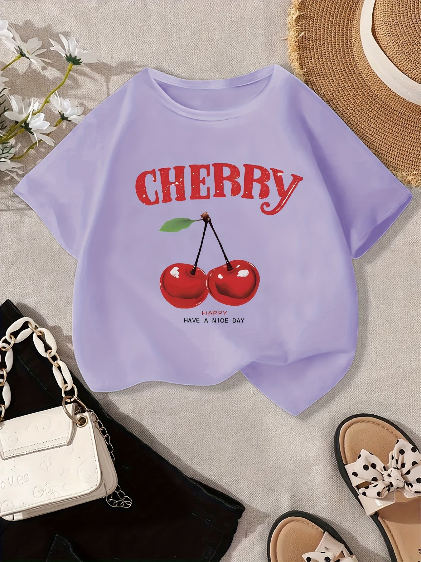 Girls' Cherry Graphic Tee - Soft & Quick-Dry Polyester Blend, Casual Round Neck Short Sleeve T-Shirt with "Have a Nice Day" Print, Perfect for Spring/Summer Outings, Girls Tshirts