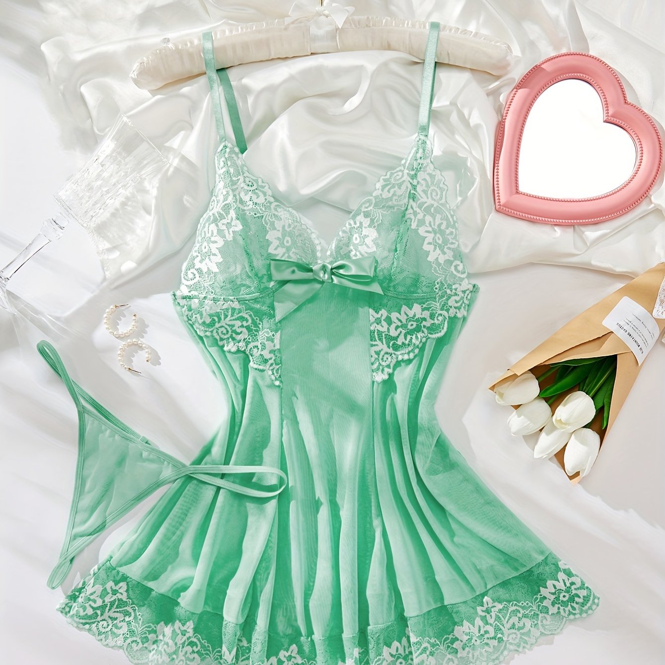 Sexy Hollow Out Mint Green Lace Babydoll Lingerie Matching G-String Panties Included Flowy Silhouette With Lace Accents Adjustable Straps For Comfort