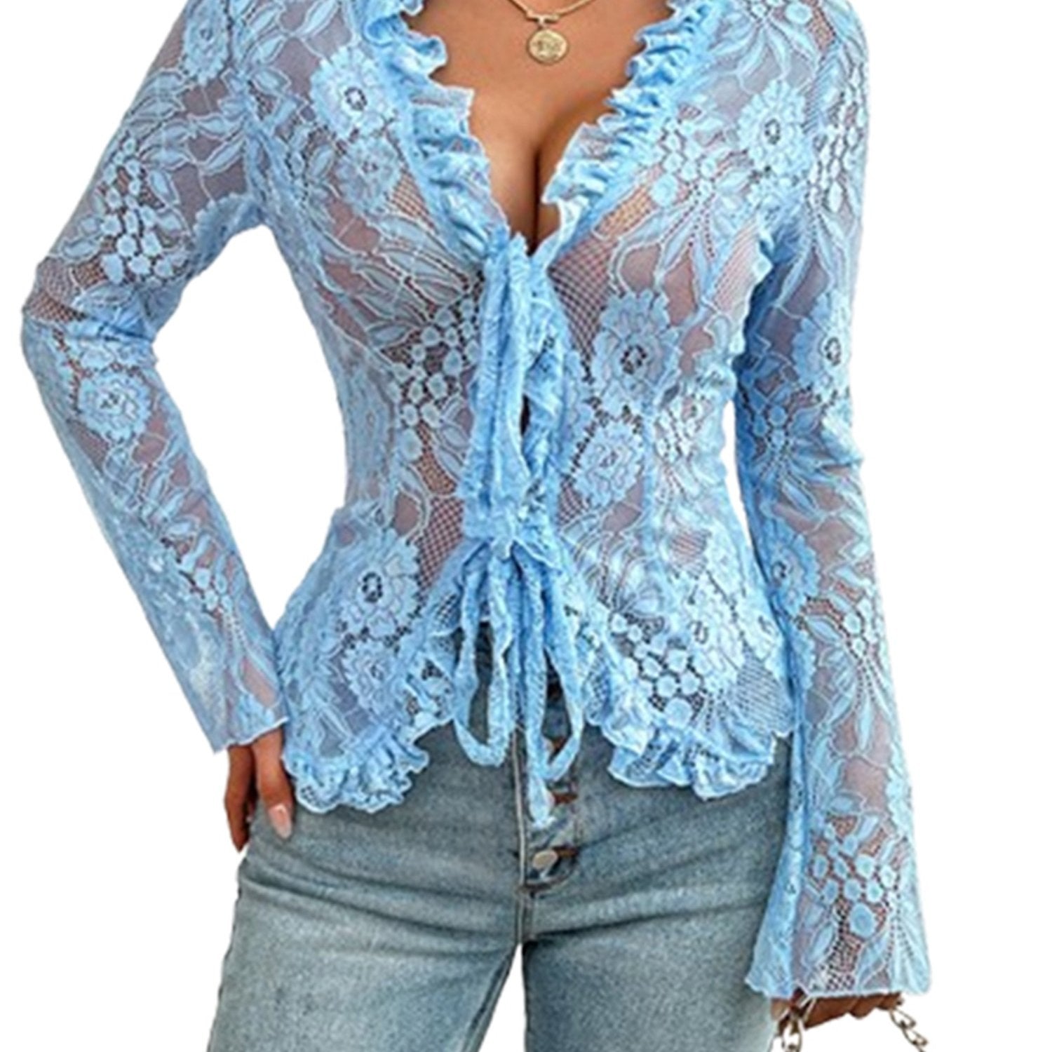 Women's Sheer Blue Lace Tie-Front Blouse - Long Sleeve V-Neck Floral Top for Casual & Clubwear, High Stretch Polyester Fabric, Elegant Ruffled Detailing, Casual Clubwear | Floral Lace Design | Intricate Lace Texture