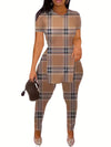 Plaid Print Casual Two-piece Set, Side Split Short Sleeve Top & Slim Pants Outfits, Women's Clothing