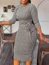 Chic Vintage Houndstooth Dress - Bodycon, 3/4 Sleeve, All-Season, Durable & Easy Care, Unique Split Design