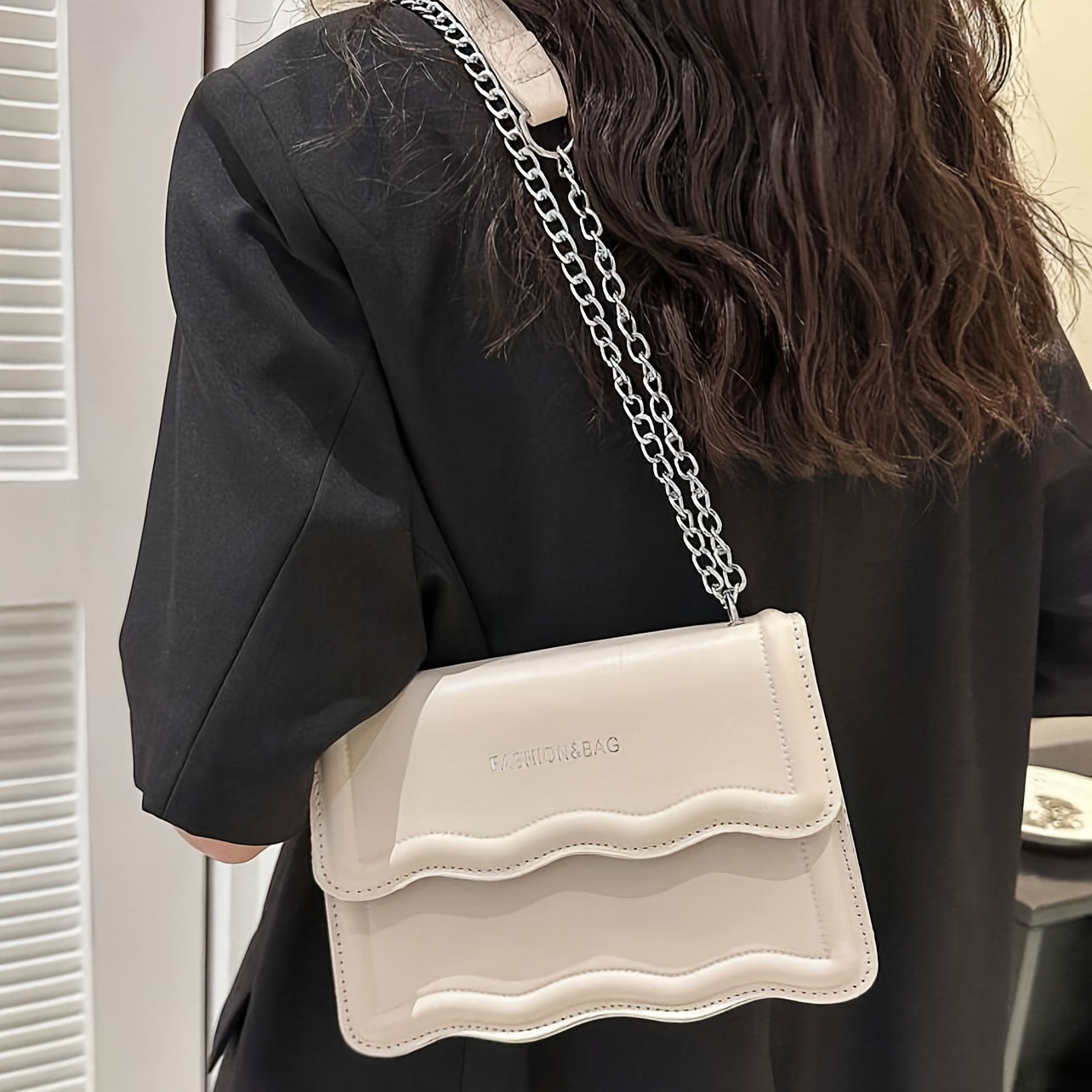Elegant Mini Messenger Bag for Women: Magnetic Closure, Scallop Design, Chain Strap, Faux Leather Lining, Solid Color