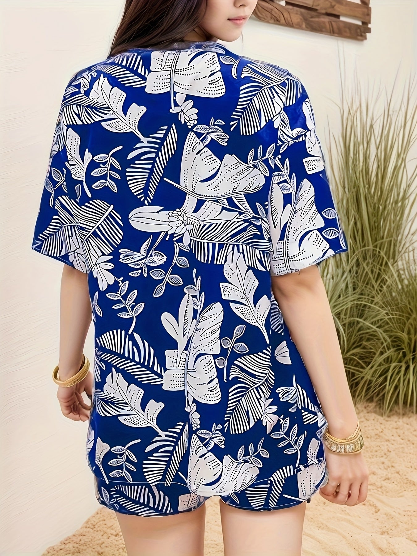 Women'S Tropical Print Sleeveless Kimono & Shorts Set - Vibrant Floral & Fish Design, White & Orange, Perfect for Spring/Summer, Beach Attire|Tropical Print|Shorts