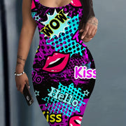 Sexy Bodycon Midi Dress with Bold Letter & Lips Graphic Print - Sleeveless Round Neck Stretchy X-Silhouette Machine Washable All-Season Casual Party Wear, Festive Attire, Retro Lip Graphic, Medium Elasticity Fabric