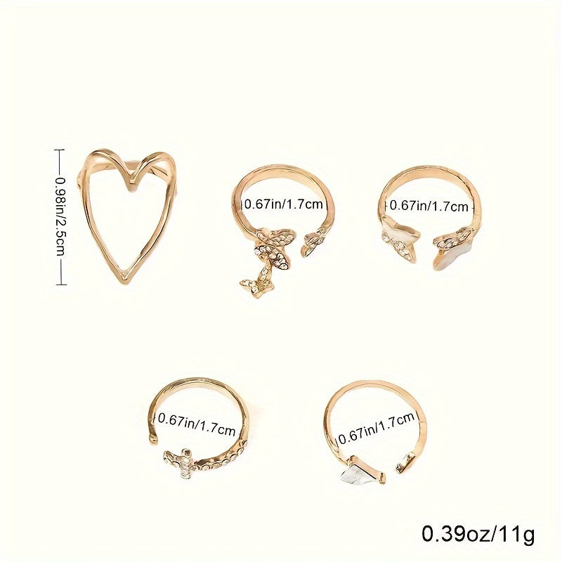 5 Elegant Heart-shaped Butterfly Triangle Rings Per Set - Bohemian Minimalist Stacked Women's Rings - An Ideal Choice For Valentine's Day, Gifts, And Daily Wear