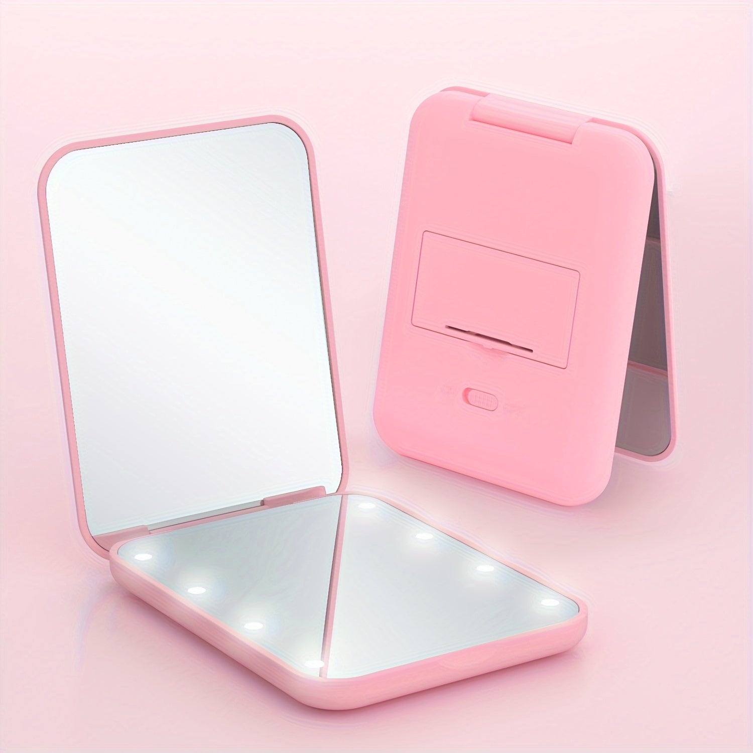 [LED Travel Makeup Mirror] Compact, Double-Sided, 1X/3x Magnified LED Mini Travel Makeup Mirror - Portable, Folding, Hand-Held, Small Lighting, Unscented, Plastic Surface, Non-Rechargeable Button Battery (Diameter≥20mm) Pow