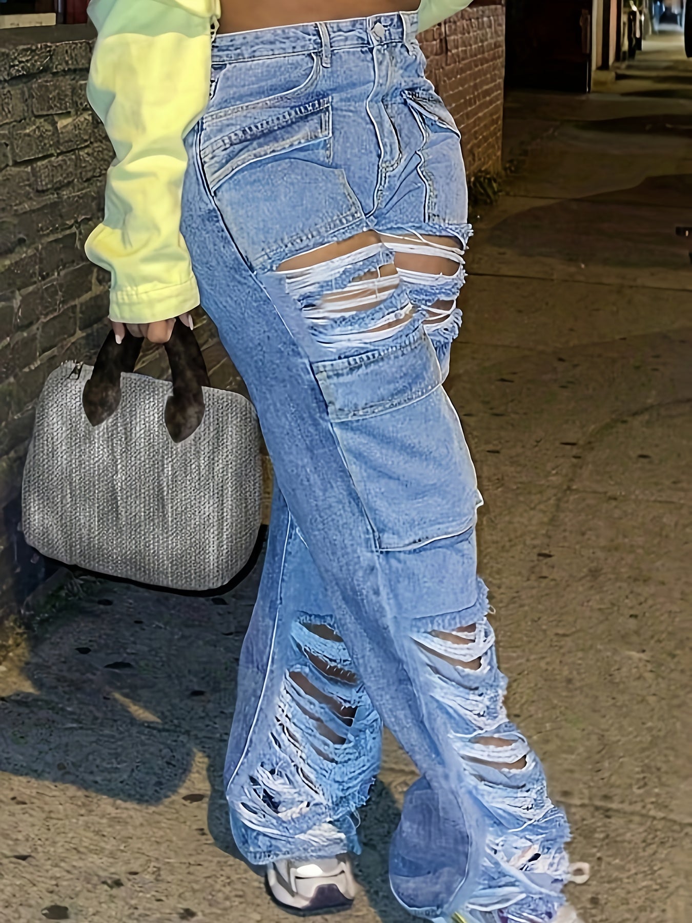 High Waisted Imitation Old Cut Hole Straight Leg Pants, Long Jeans, Loose Wide Leg Slanted Pockets And Button Closure, Multifunctional Women's Work Pants, Women's Jeans And Clothing