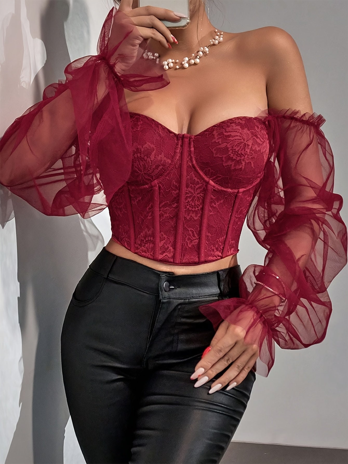 Sexy Red Lace Off-Shoulder Top with Floral Pattern - Short Sleeve, V-Neck, Polyester, Spring/Summer Fashion, Elegant Necklace, Fashionable Top|Floral Lace Top|Polyester Fabric