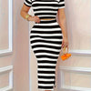 Women'S Elegant Striped Print Midi Skirt Set - Black & White, Short Sleeve Top with Ribbed Detail, Stretchy Polyester Blend, High-Waisted Pants, Perfect for Spring/Summer, Casual Attire|Elegant Casualwear|Polyester Blend