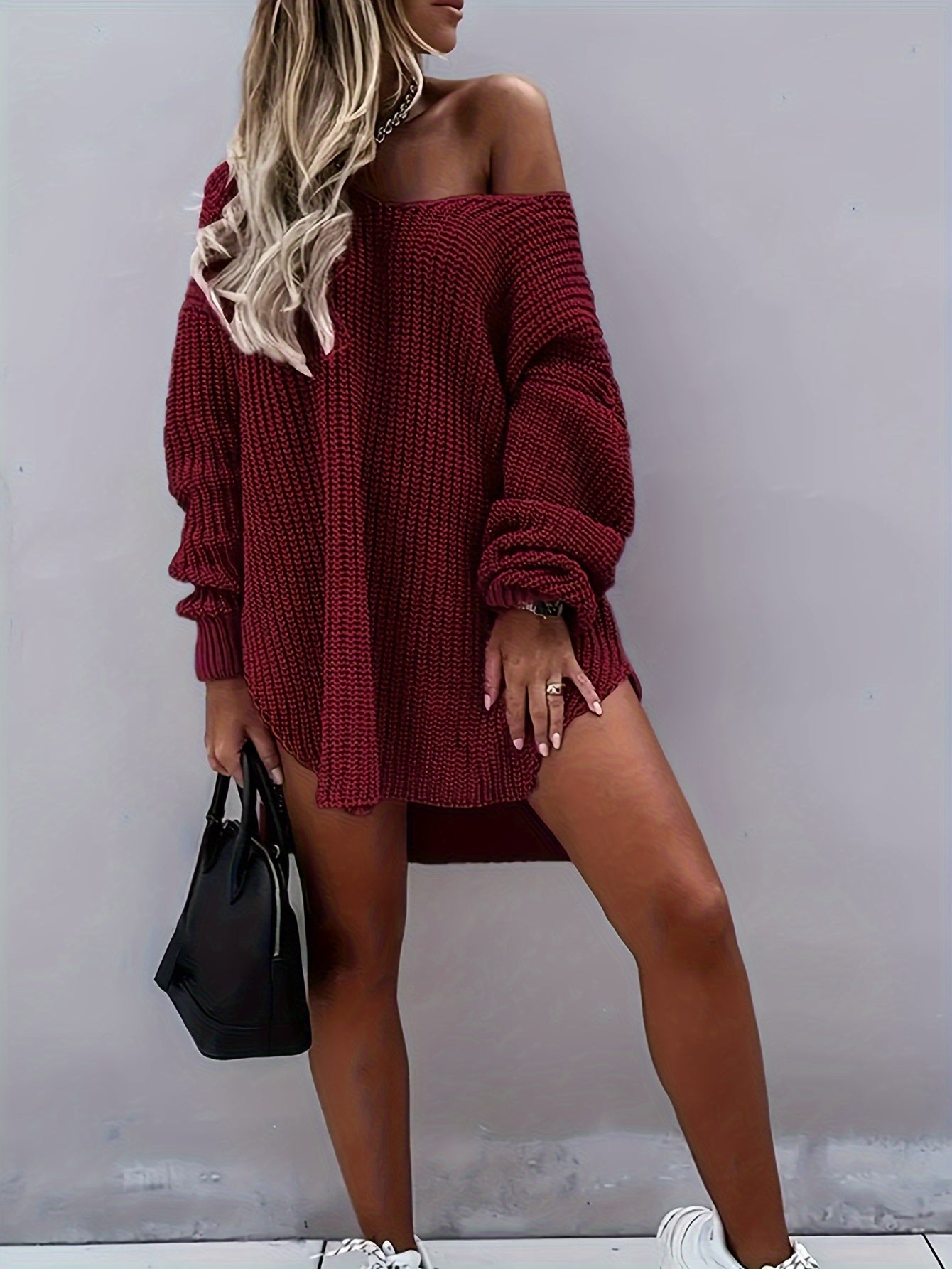 Women's Elegant Sexy Knitted Dress Loose Long Pullover Drop Shoulder Pullover Suitable for Spring And Autumn