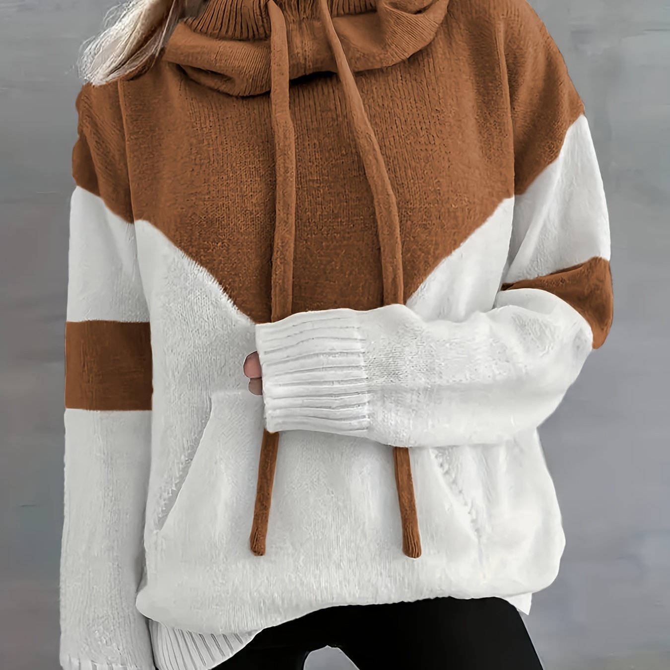Color Block Drawstring Hooded Sweatshirt, Women's Long Sleeve Casual Pullover Sweater with Pocket