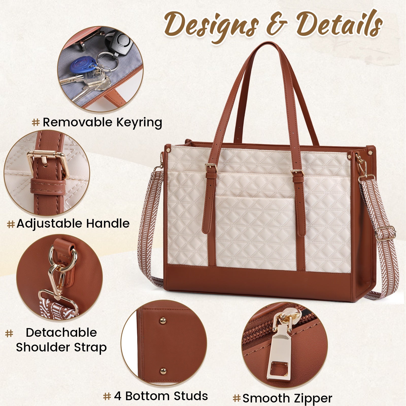 KTMOUW Laptop Bag For Women 15.6 Inch Vegan Faux Leather Work Tote Bag Quilted Womens Briefcase Designer Laptop Bags For Office Teacher College Cute Computer Bag With Purse Professional Beige & Brown