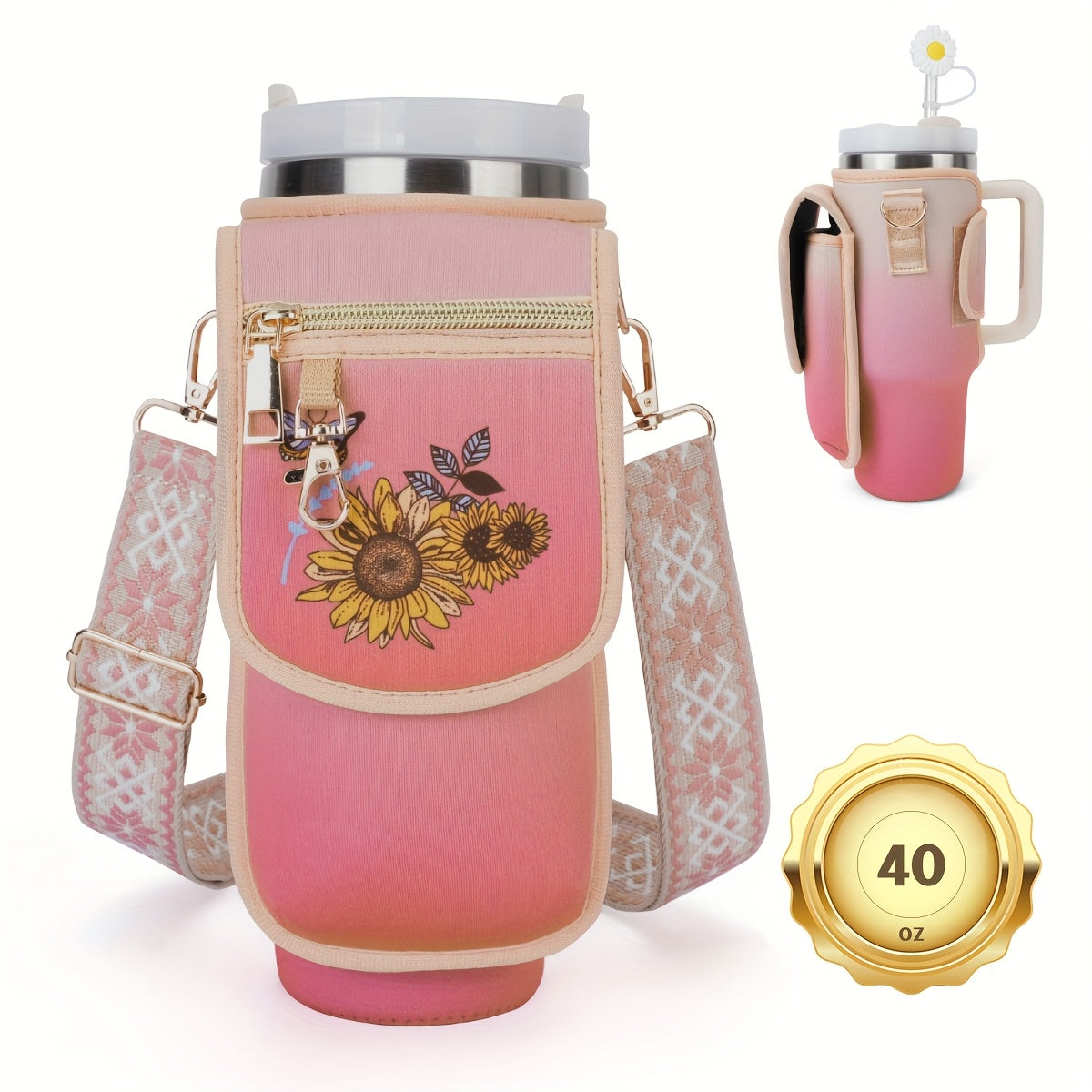 Water Bottle Carrier Bag with Phone Pocket, Tumbler Holder Pouch with Adjustable Shoulder Strap Cup Accessories for Hiking Camping Fishing Travelling (PINK-APRICOT)