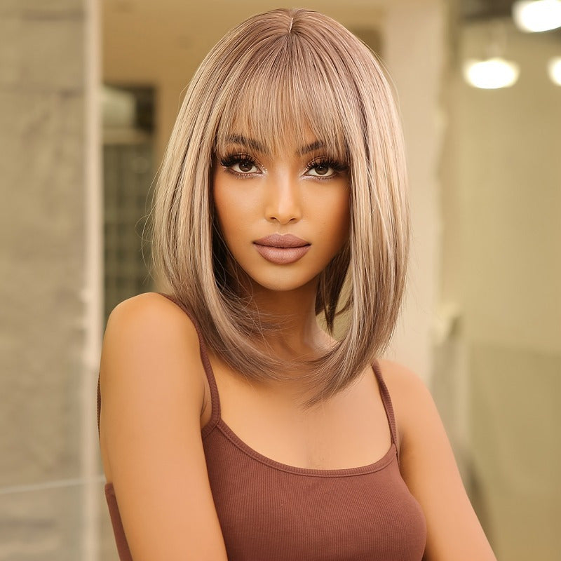 14 Inch Gray Ombre Brown BOB Wig with Bangs, Shoulder Length Hair Wig for Women, Realistic Synthetic Wig with Comfortable Net Cap