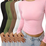 5pcs Brushed Long Sleeve T-Shirts for Women - Kate Hudson Style, Soft Polyester & Spandex Blend, Crew Neck, Non-See-Through, Machine Washable - Versatile Solid Colors