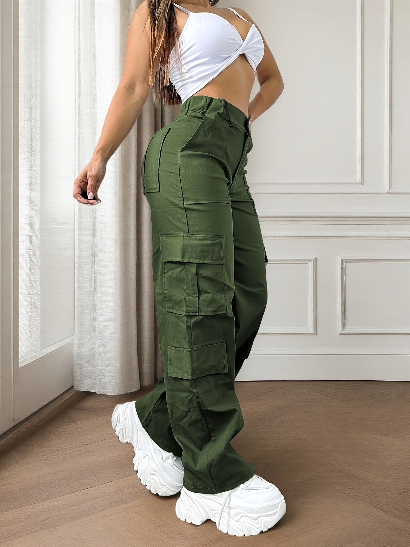 Women's Olive Green Cargo Pants with Multi-Pocket Design - Casual Flap Pockets, High Waist, Wide Leg, Street Style for Casual Attire