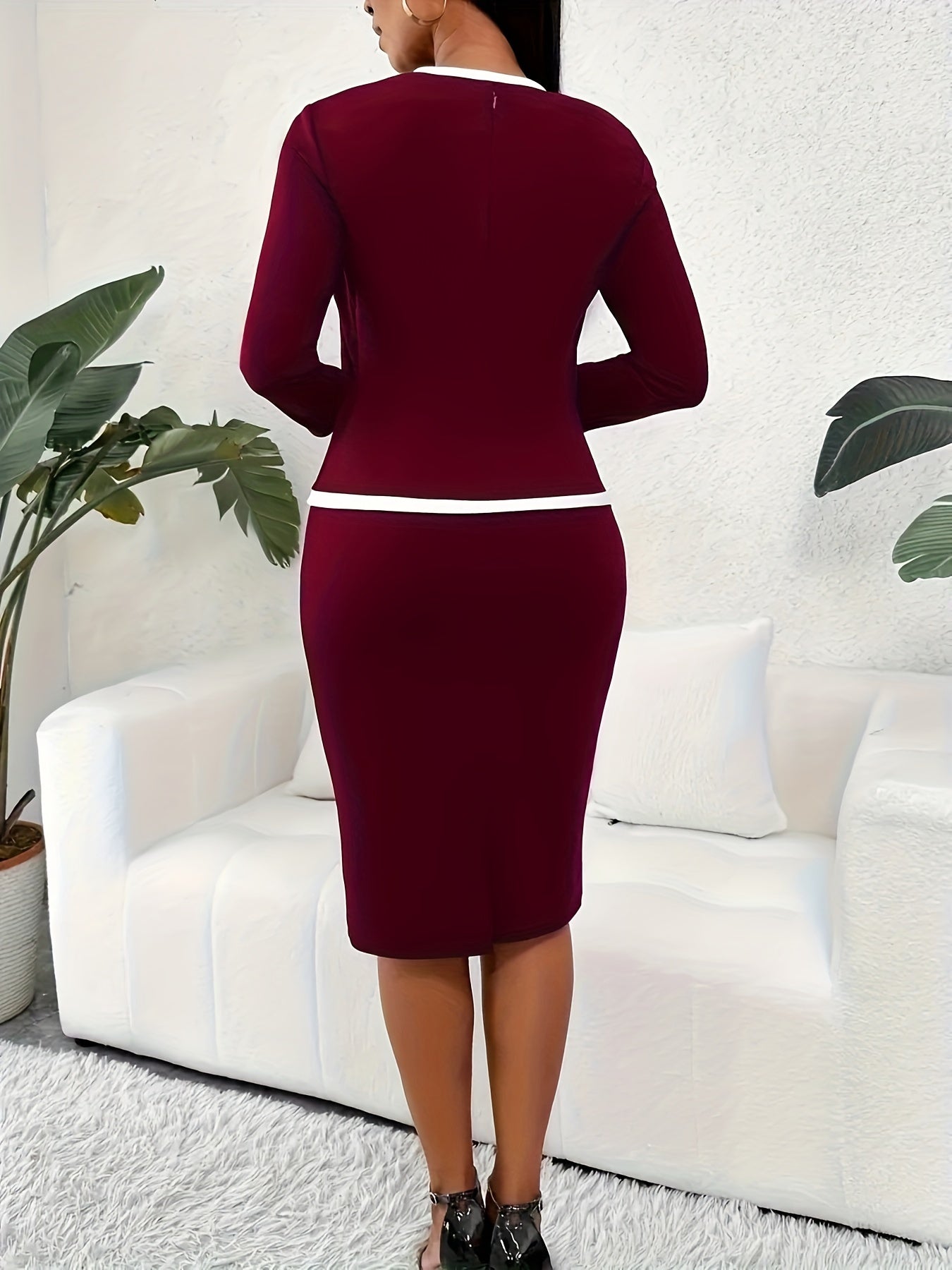 [2-in-1 Chic Bodycon Dress] 2-in-1 Contrast Trim Bodycon Dress - Long Sleeve, Figure-Hugging, Chic - Versatile for Office & Beyond, Women's Work Wear