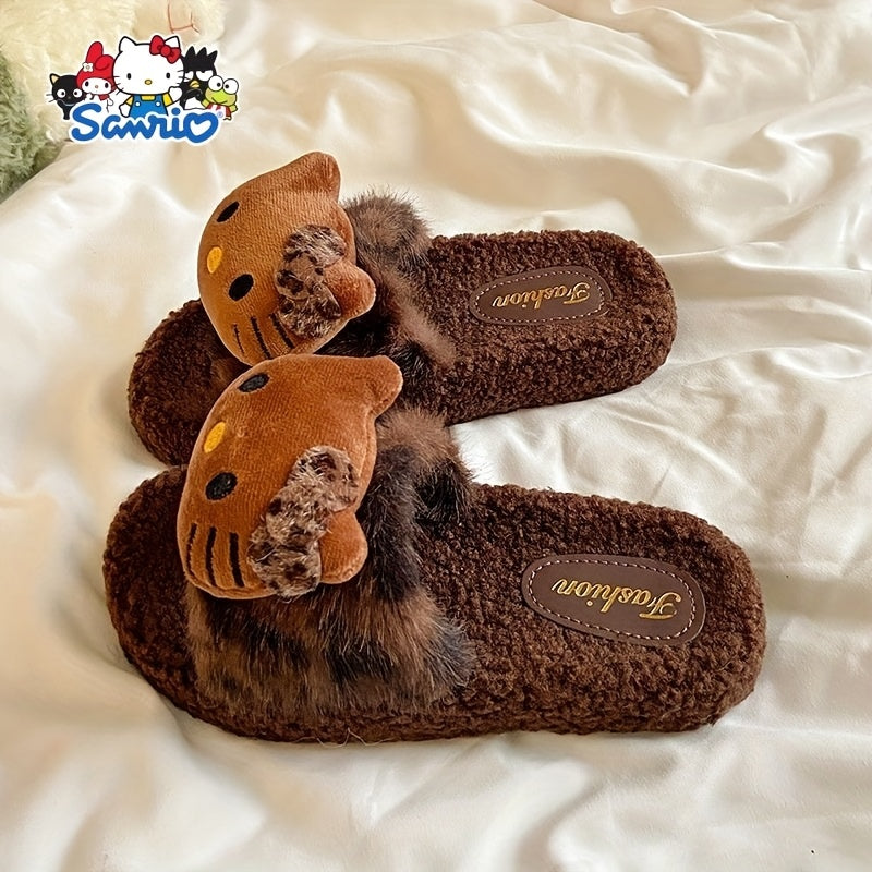 Cozy Hello Kitty Plush Leopard Print Slippers - Non-Slip Soft Sole, Lightweight & Washable, Perfect for Home & Camping, Cute Cartoon Design with Fluffy White Trim, Cozy Indoor Shoes | Playful Bedroom Shoes | PVC Sole Slippers
