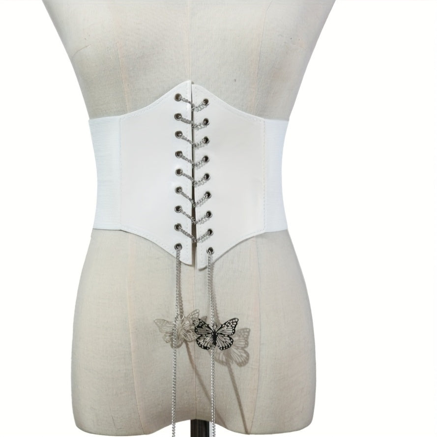 1pc Women'S Wide Court Style Corset Belt with Butterfly Chain Embroidery, Casual Stretchy Faux Leather Waist Cincher, Adjustable Lace-Up Design for Weekend Wear